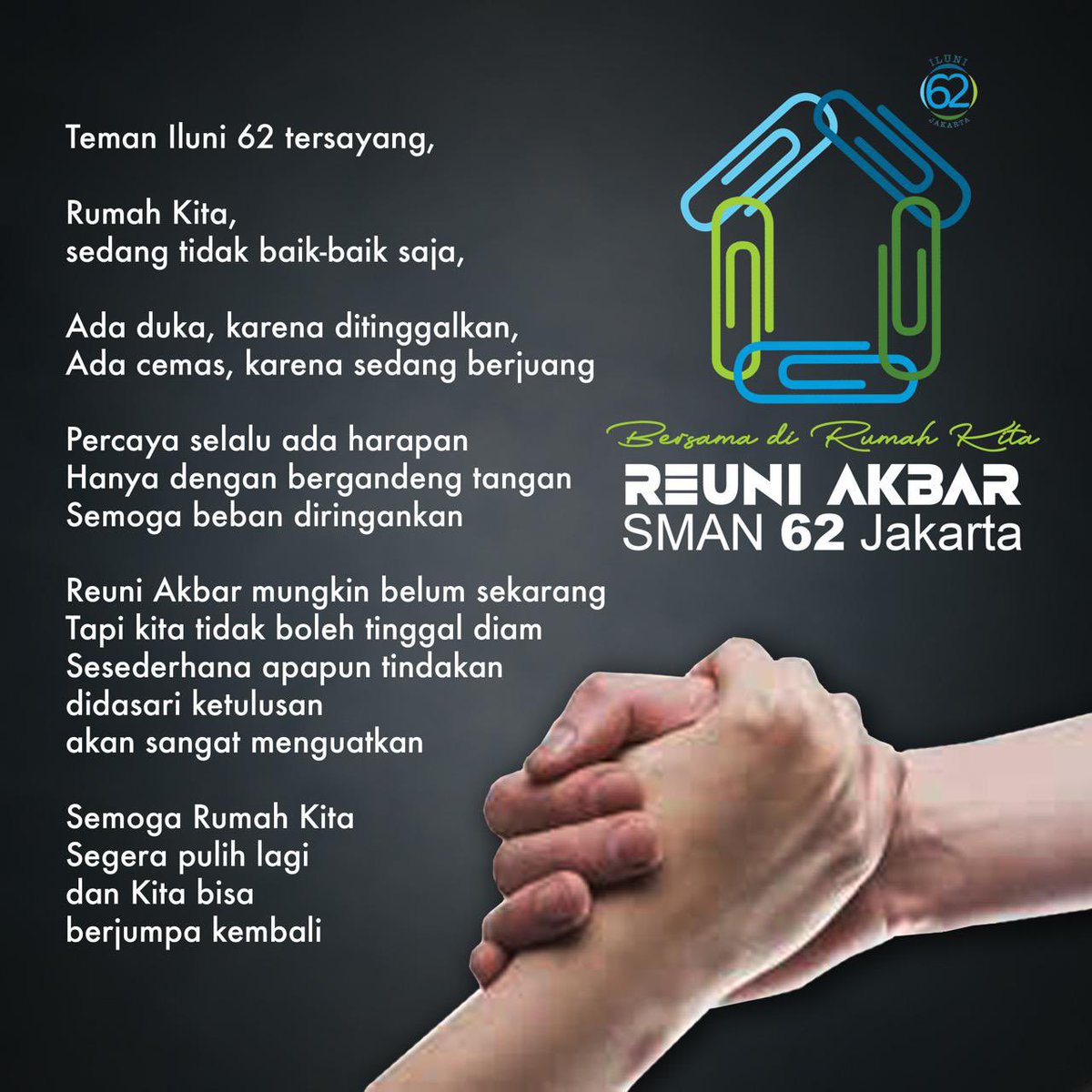 ILUNI62JKT's tweet photo. [Cepat Pulih Rumah Kita Bersama]

Mari kita ulurkan tangan, agar bisa saling menguatkan!

#iluni62jkt #iluni62 #iluni62jakarta #sman62jakarta #sman62 #iluni #alumnisman62jkt #alumni62jakarta #Alumni62BantuAlumni62 https://t.co/qkP3nNUOcm