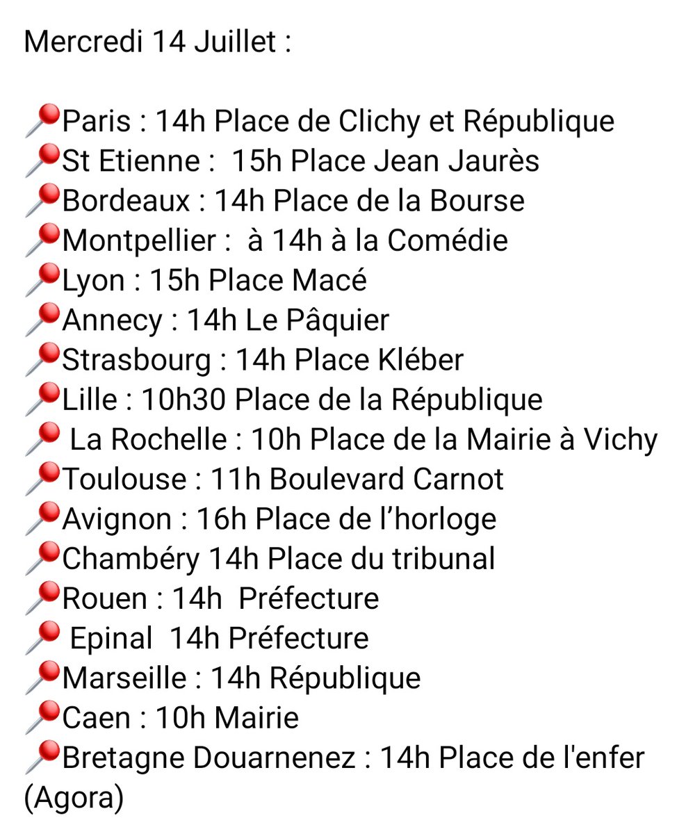 AnonymeCitoyen's tweet image. 🔴 Liste des manifestations prévues demain et samedi en France qui commencent à circuler sur Facebook suite aux annonces d'Emmanuel Macron sur la généralisation du #PassSanitaire et la réforme des retraites.

#Manif14juillet #RDV14juillet #GiletsJaunes #PassDeLaHonte #14juillet