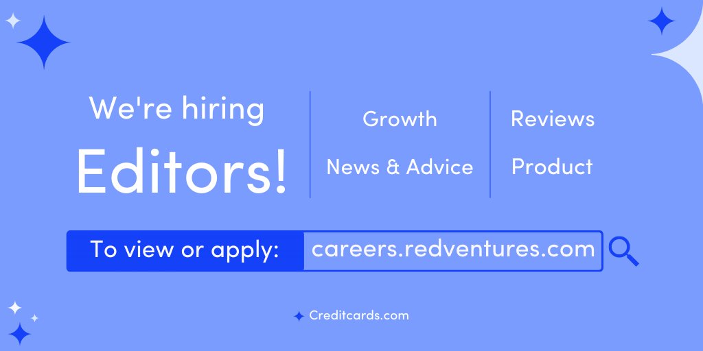 We're hiring over here at Creditcards.com! Take a look at our openings and if you see a fit, send an application through at careers.redventures.com! 

We look forward to hearing from you. 

#careers #jobopportunity #werehiring #hiring #creditcards #redventures
