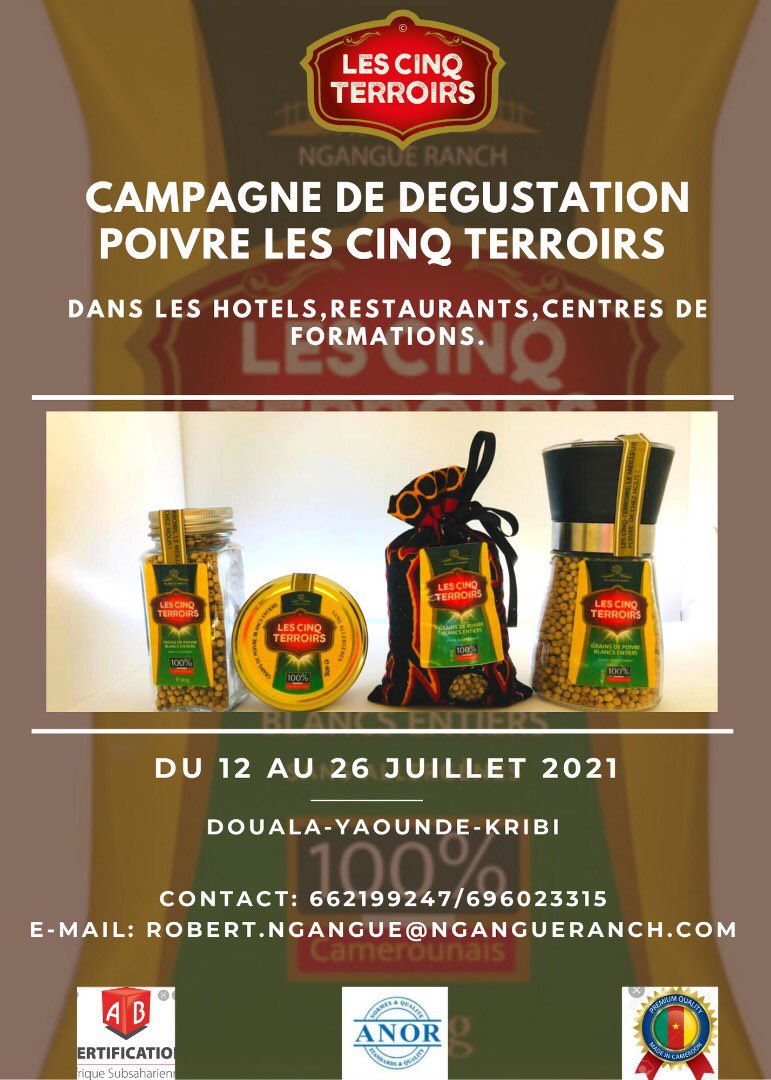 Poivre5Terroirs's tweet image. Comme annoncé, Ngangue Ranch Sarl a effectivement démarré ce jour la campagne de degustation gratuite de son @Poivre5Terroirs dans les hôtels et restaurants de la ville de Douala./1