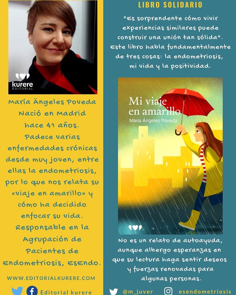 ⛱Como es veranito y hay vacaciones,puedes comprar el libro solidario
📚Mi viaje en amarillo: endometriosis
🎗️Colaboras con la investigación
🤝Empatizas con pacientes de #EnfermedadesCronicas
👍Sacas ánimos
☺️Y me alegras el día
Adquiérelo⤵️
<a href="/EditorialKurere/">EDITORIAL KURERE</a>
<a href="/CervantesLib/">Librería Cervantes</a>
<a href="/amazon/">Amazon</a>