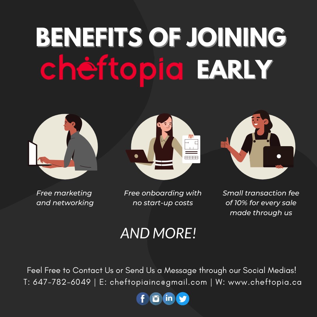 cheftopia's tweet photo. These are just a few of the benefits of joining #Cheftopia early‼️ Send us a DM to learn more about how you can sell your authentic and unique meals either through your own private kitchen or our partnered commercial kitchens! https://t.co/TpdDsEbUxO
