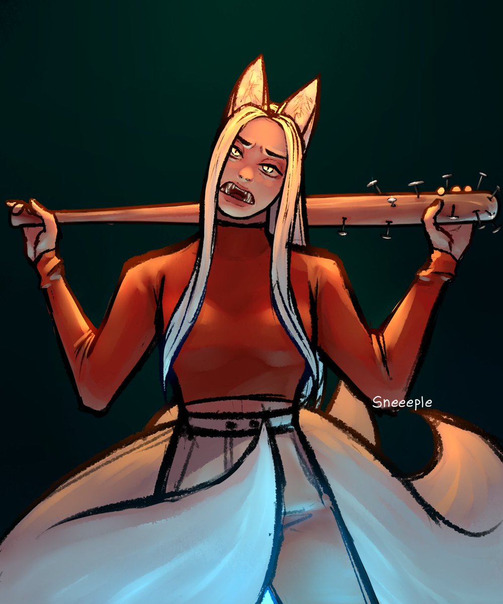 Sneeeple's tweet photo. finally I finished this drawing !!! I discovered the world of dodge layer, it improves light so much if used right
here's kitsune being scary, she has fox-like teeth! https://t.co/E43iQpSXts