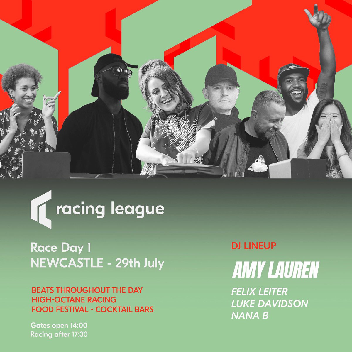 RacingLeagueUK's tweet photo. We’re thrilled to announce the DJs and producers that will be joining ourselves and @djamylauren at Newcastle on the 29th July, for Race Day 1! 

Let’s make some noise for:
@DjFelixLeiter
@iamlukedavidson
@thisisNANAB

We’ll see you there!

#racingleague https://t.co/WNaB0dGHA3