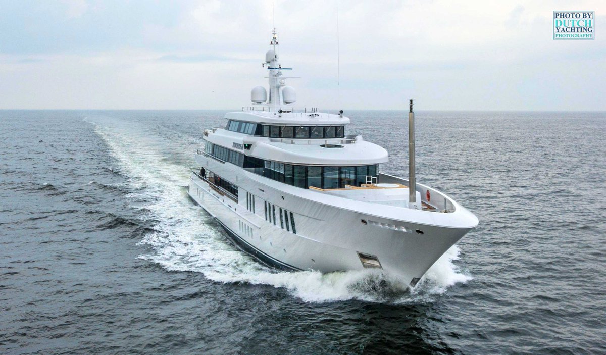 Dutchyachting's tweet photo. Enjoy these drone images of the 61m/ 200'13" #TopFiveII (ex #YN251 or #ProjectSidney) having a first day of #seatrials yesterday. To watch a short video to see her in action, please have a look here: https://t.co/DRqYXL2W4m. Photos by @DutchYachting. https://t.co/590YzHA19K
