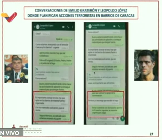 lubrio's tweet photo. Muestra Jorge Rodríguez conversaciones por Whatsapp entre Leopoldo López y Emilio Graterón, en el que éste último confiesa haberse reunido con delincuentes de La Vega y Cota 905 para activar violencia en los barrios. https://t.co/LrYFcMbmud
