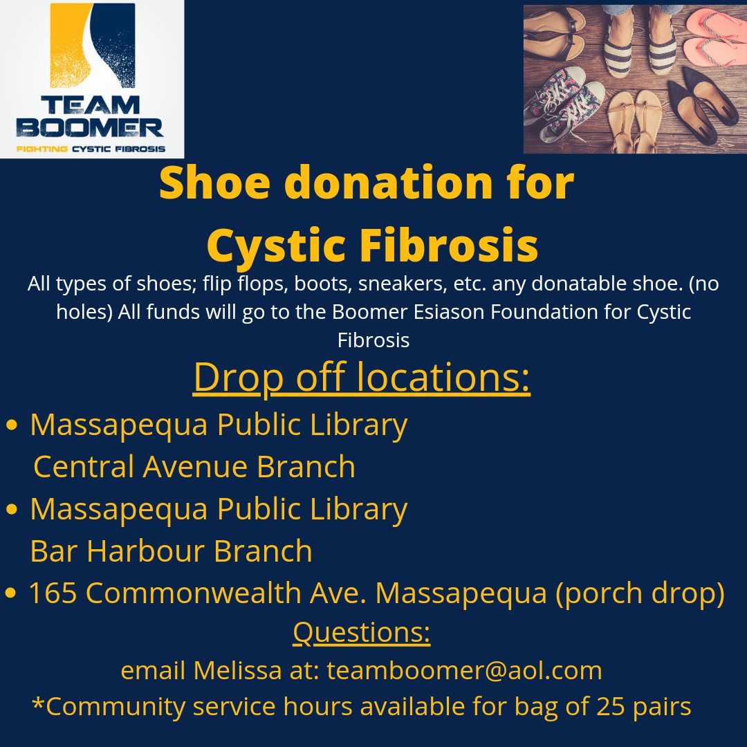melissaluckman's tweet photo. Cystic fibrosis still needs your shoes! Collecting till August 1st! Community service is available for bags of 25. Tell your family, friends, and neighbors!!! @News12LI @Elizabethnews12 @JuniorRangers  @ElisaDiStefano @hoffmanrich @erincolton https://t.co/de91r8zEpd