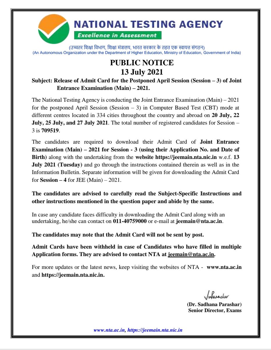 NTA_Exams's tweet image. Release of Admit Cards for JEE Main 2021 third session