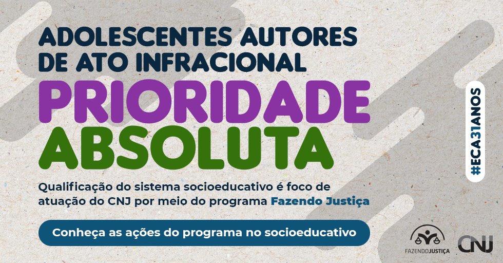 CNJ_oficial's tweet photo. #ECA31anos | Desde 2019, o @CNJ_oficial trabalha iniciativas para qualificação do sistema socioeducativo de forma alinhada ao Estatuto da Criança e do Adolescente. Siga o fio e conheça o andamento das ações do Programa Fazendo Justiça no socioeducativo ⬇️ https://t.co/paHIo6lQY2