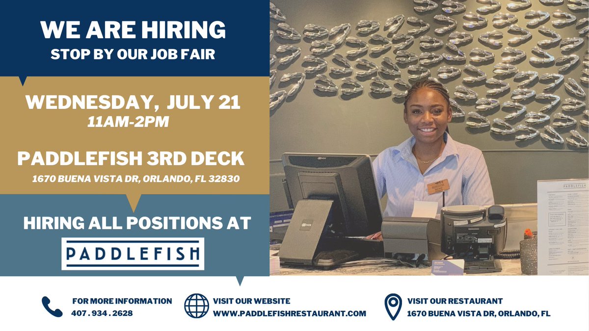 Job opportunities are endless at Paddlefish! Stop by our job fair located at Paddlefish 3rd Deck on Wednesday, July 21 from 11AM - 2PM for more information.