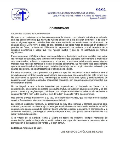rsnunez's tweet photo. El comunicado de la Conferencia de Obispos Católicos de Cuba sobre la situación en la Isla... https://t.co/7fJWZGJx46