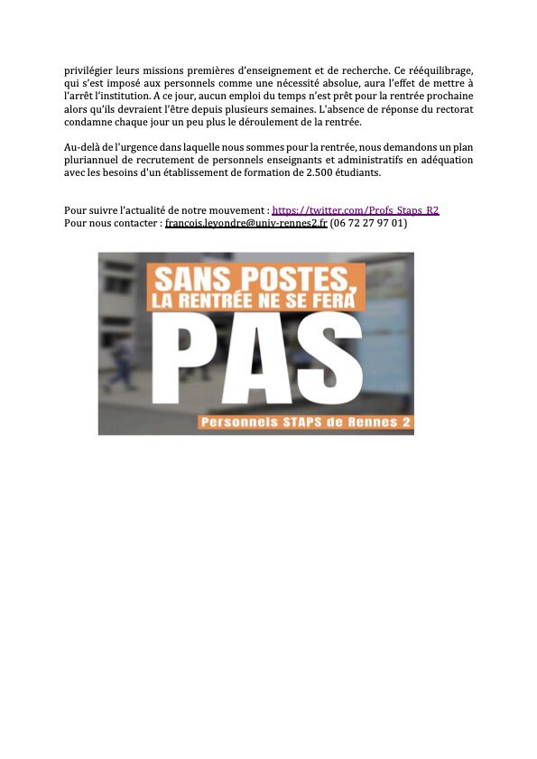ANESTAPS's tweet photo. [ #Rentree2021 ❌]

Partout en France, la tension au sein de la filière #STAPS  persiste. Face au manque d’investissement du @gouvernementFR, la rentrée 2021 est plus que jamais compromise au @STAPS_Rennes2.

L’ANESTAPS soutient les enseignants et l’ensemble du personnel admin. https://t.co/znQKzi0HdS