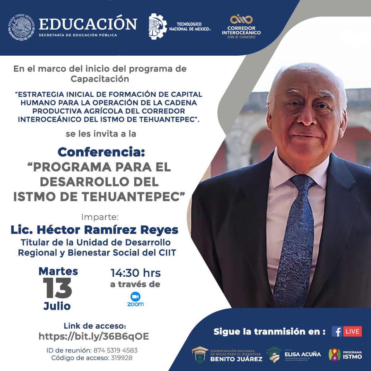 Programa_Istmo's tweet photo. ¡Te invitamos a la conferencia de HOY!

@HectorRamirezR_, titular de la Unidad de Desarrollo Regional y Bienestar Social, hablará sobre el inicio de las capacitaciones para el #CorredorInteroceánico.

¡Conéctate y aprende más acerca del #ProgramaIstmo!

#UnirParaCrear
👇 https://t.co/Rrqfp3j9xr