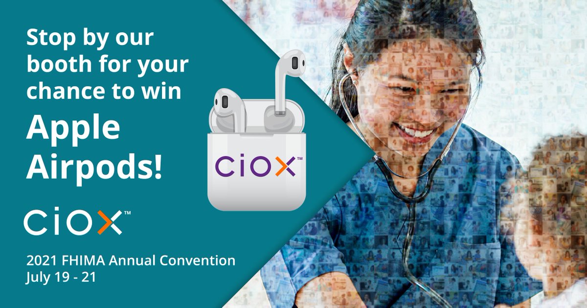 CioxHealth's tweet photo. Stop by booth 201 at FHIMA next week, July 19-21 to enter for your chance to win a pair of Apple Airpods! Our team of experts are excited to talk about Ciox can do for you. #Ciox #FHIMA https://t.co/ozcJVmEfp5