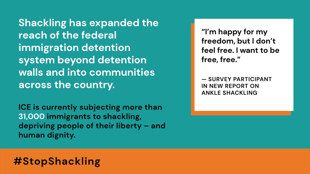 CWS_global's tweet photo. The new report from @MigrantFreedom, @ImmDefense, @CardozoLaw is based on the lived experience of hundreds of immigrants, and its conclusion is clear:

❌ Ankle shackling is another form of detention, and this system must end. #StopShackling

Read more: https://t.co/heaOrtgXLu https://t.co/Ruli8jqHro