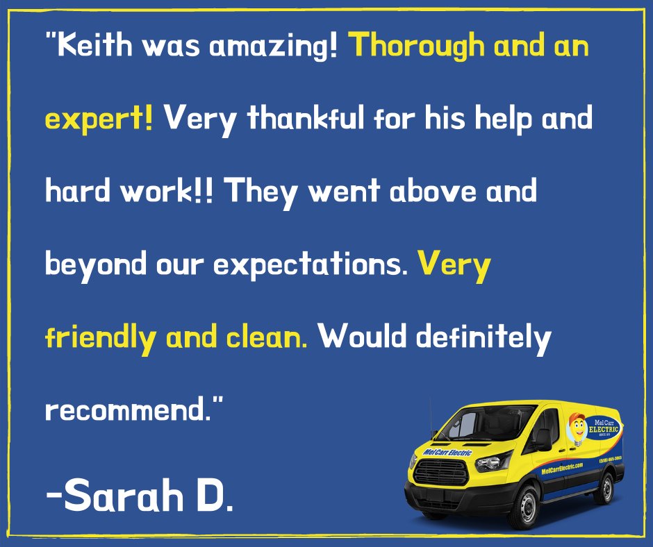 MelCarrElectric's tweet photo. #TestimonialTuesday | Sarah, thank you so much for your kind words! Keep up the great work, Keith! 👏 https://t.co/1SqivOIge7