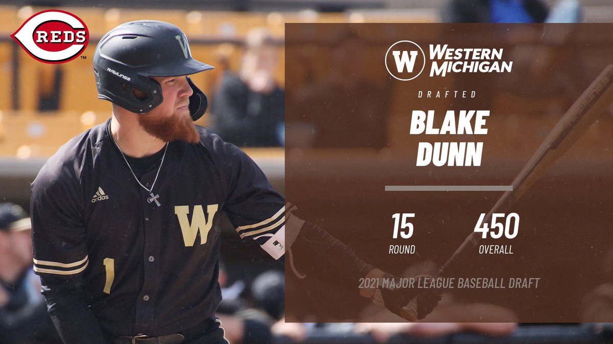 WMUBaseball's tweet photo. Blake Dunn is the 113th MLB Draft pick in Bronco baseball history! 

@Reds got a good one ➡️ https://t.co/Q6SRZws3p7

 #LetsRide x #ATOBTTR https://t.co/SjstrAPPl6