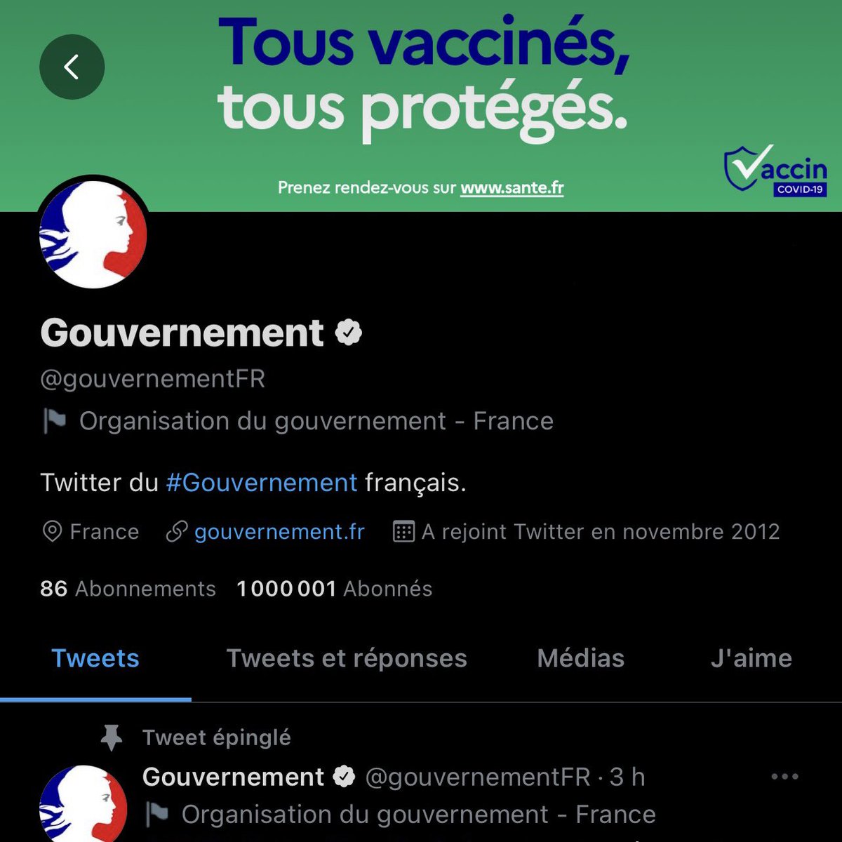 Julien Broca (@julienbroca) on Twitter photo Aujourd’hui nous avons dépassé 1 000 000 d’abonnés sur le compte officiel du <a href="/gouvernementFR/">Gouvernement</a> 👏
Merci à tous les abonnés ainsi que toutes les équipes du Service d’Information du Gouvernement et des ministères !
RDV à 2 millions !
(Vaccinez-vous !) Aujourd’hui nous avons dépassé 1 000 000 d’abonnés sur le compte officiel du <a href="/gouvernementFR/">Gouvernement</a> 👏
Merci à tous les abonnés ainsi que toutes les équipes du Service d’Information du Gouvernement et des ministères !
RDV à 2 millions !
(Vaccinez-vous !)