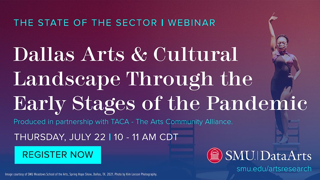 smumeadows's tweet image. Join director and researcher, Dr. Zannie Voss on Thursday, July 22 at 10am for a deep-dive look into the landscape arts and culture sector in Dallas from pre-pandemic into the early impact of COVID-19. Register at: bit.ly/2ULMPsp | #smumeadows #smudataarts