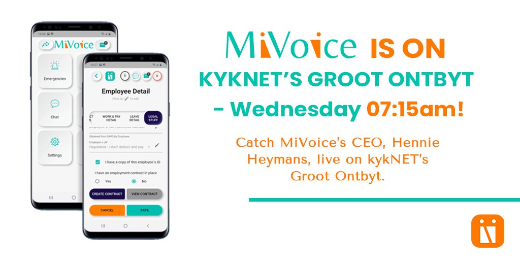 MiVoiceApp's tweet photo. Catch MiVoice on @kykNETtv tomorrow morning at 07:15am! CEO, Hennie Heyman will be live on Groot Ontbyt - chatting about the new MiVoice app, its features, benefits &amp; how it can help you manage your professional relationships. https://t.co/3tG5aOrZXf #kykNET #MiVoice #WatchLive https://t.co/YYAA2KmUv0