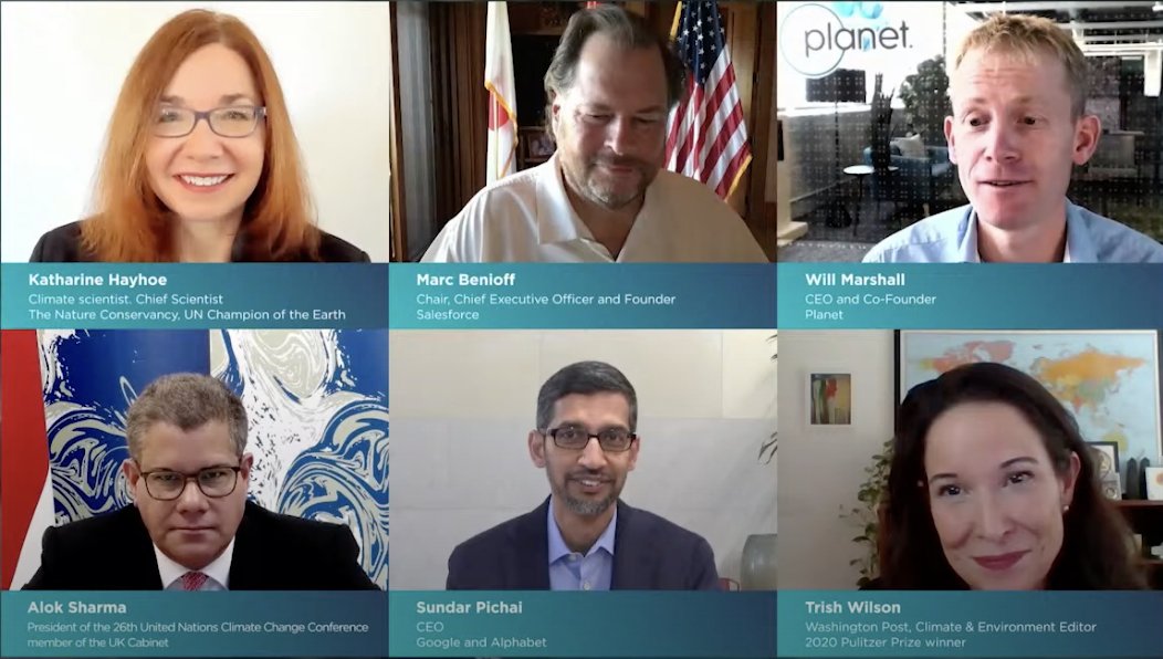 Missed our live discussion between <a href="/sundarpichai/">Sundar Pichai</a>, <a href="/Benioff/">Marc Benioff</a>, <a href="/Will4Planet/">Will Marshall</a>, <a href="/KHayhoe/">Prof. Katharine Hayhoe</a>, <a href="/AlokSharma_RDG/">Rt Hon Lord Alok Sharma</a>, &amp; <a href="/TrishWbelli/">Trish Wilson Belli</a> as they explored the role tech can – and must – play in delivering action on climate change? Don't worry, here's a full recap &amp; recording: planet.com/pulse/how-the-…