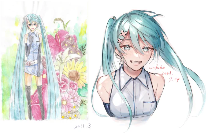 10年前に描いたミクさんと今描いたミクさん並べた 怖いね10年!?怖いね…… 