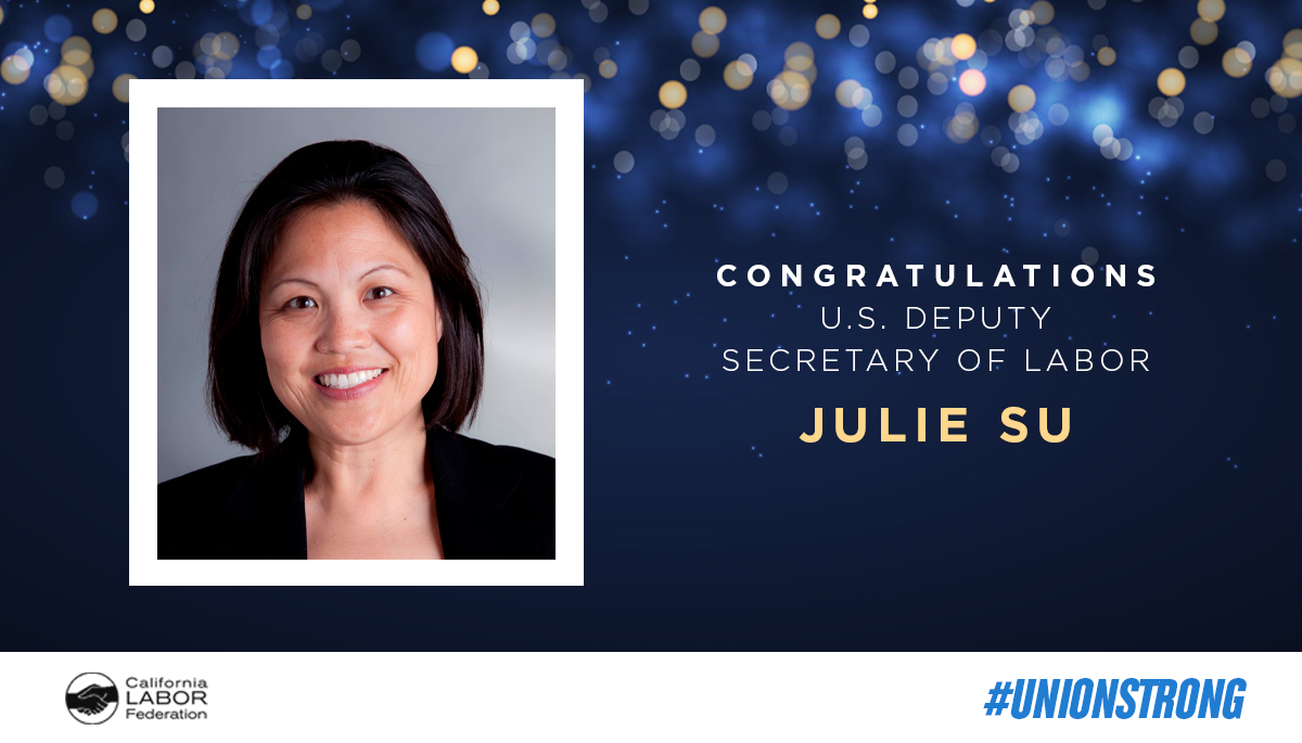 .@JulieSuCA has never wavered from her commitment to building an economy that works for working people, communities of color and immigrant workers.

It is our honor to congratulate Madam Deputy <a href="/USDOL/">U.S. Department of Labor</a> Secretary Julie Su's history-making confirmation!