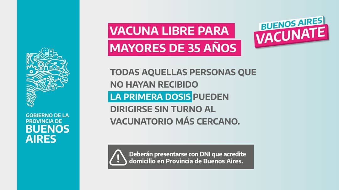 SaludBAP's tweet photo. ⚠️VACUNACIÓN LIBRE - PRIMERA DOSIS

Desde mañana se extiende el programa de vacunación libre a los mayores de 35 años, incluidos todos los grupos prioritarios de @BAProvincia 

#LaVacunaEsLibertad 
#NosVacunamos  👇 https://t.co/Jxw9nxkdRf