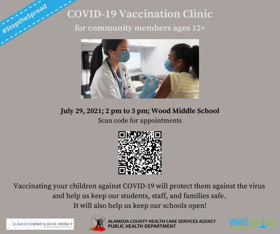 AUSDNews's tweet photo. On July 29, AUSD is partnering with @Dare2BWell &amp; @WellspringPhar to provide free COVID-19 vaccinations to people ages 12+. The 2nd shot will be given 8/21. By getting your child vaccinated, you can help us #StoptheSpread! More information: https://t.co/lmyTr76NLl. https://t.co/PSW6Vj4ZKl