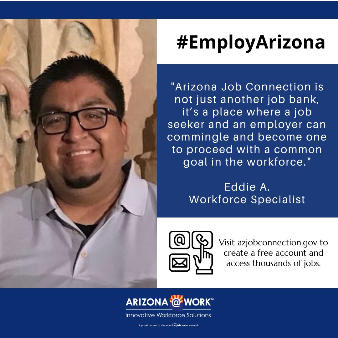 ARIZONAatWORK's tweet photo. Check out the Arizona Job Connection (AJC) website to view thousands of job openings throughout the state. Use AJC to create your resume and get matched with hiring employers in your field! #EmployArizona https://t.co/yQDTU6LJqb https://t.co/z83qwPtENY