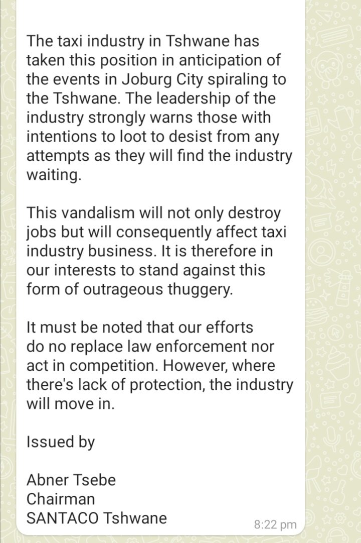 The year is 2021.
The country is in need of leadership. 
SANTACO says ungakhathazeki Mzanzi  "We will take vandalism and looting heads on,"
♥️