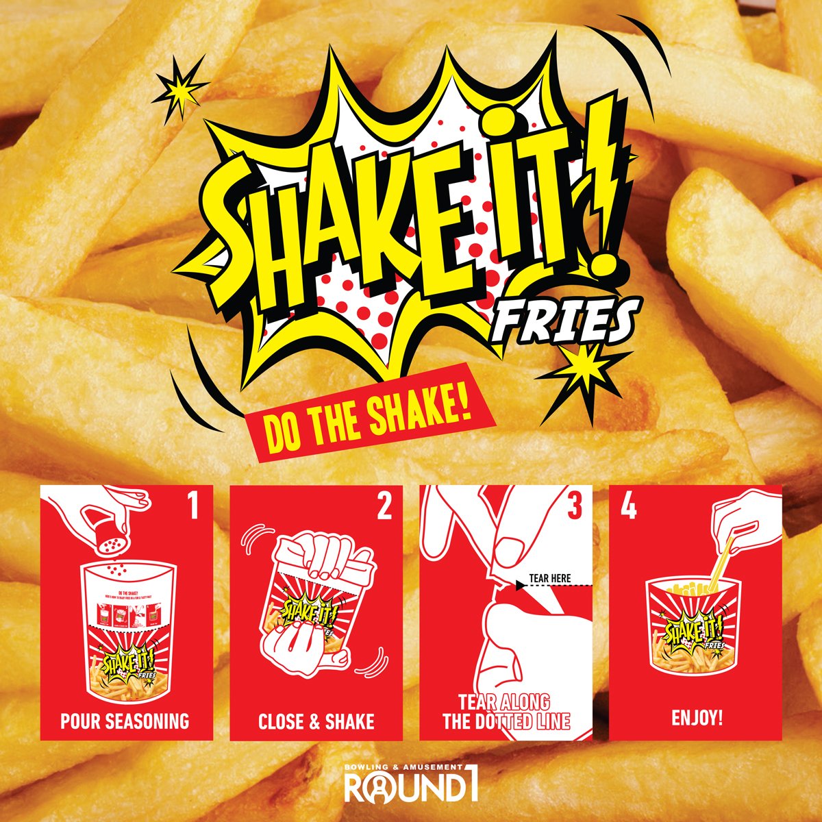 Round1USA's tweet photo. Happy National French Fry DayΒ πβ€οΈπ€©
ββ
βHave you tried our Shake IT! Fries? Learn how to "Do the Shake" π€ so you're ready for your next Round1 visit
β
β#nationalfrenchfryday #round1usa #fryday #shakeitfries #fries #foodie #friesforlife #foodlover #frylover #friesfordays https://t.co/2r016tTWgH
