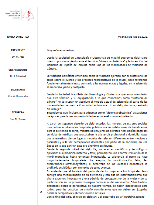 SMGO_'s tweet photo. Desde nuestra Sociedad rechazamos de forma unánime el término “violencia obstétrica” para describir las prácticas profesionales de asistencia al embarazo, parto y posparto en España, así como su posible equiparación a un delito de violencia de genero. https://t.co/msHdhGTZh4