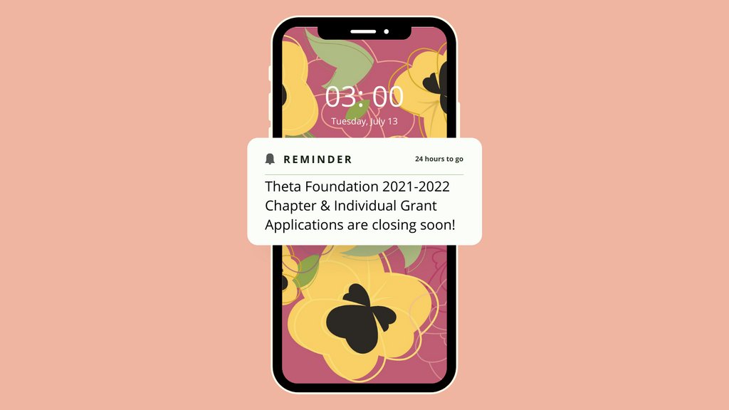 24 hours left to apply for quarter 1 Theta Foundation Grants. This application is for events happening on or after September 1, 2021. Apply today bit.ly/2Tbi5Ak