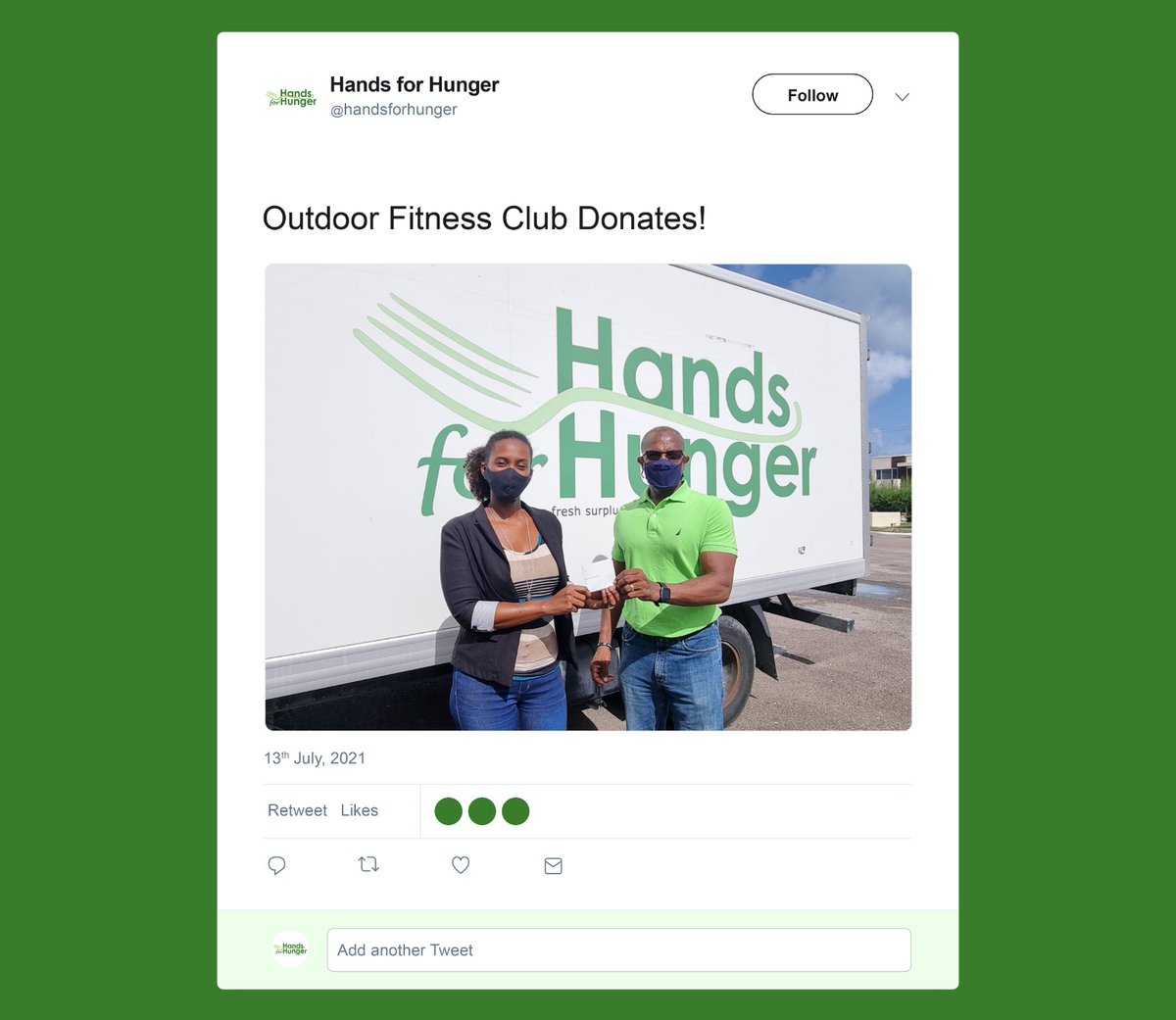 Thank you to the Outdoor Fitness Club for their donation.

Craig Walkine along with his clients at Outdoor Fitness Club pooled their resources to make a financial donation to Hands for Hunger.

Join your resources with your colleagues or with your family and donate.
