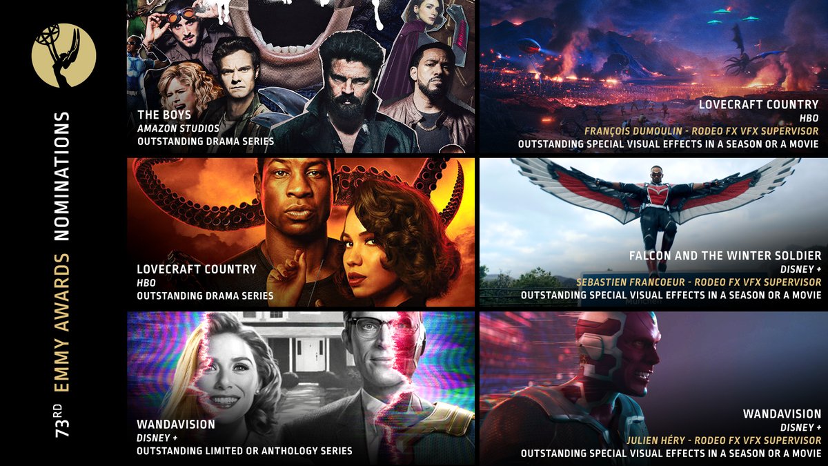 HUGE congrats to the talented teams at Rodeo who received #EmmysNoms for Outstanding Special Visual Effects in a season or a movie for <a href="/LovecraftHBO/">Lovecraft Country</a> led by François Dumoulin, and <a href="/MarvelStudios/">Marvel Studios</a>'s @WandaVision led by Julien Héry &amp; <a href="/falconsoldierTV/">Captain America and Winter Soldier News</a> led by Sebastien Francoeur!