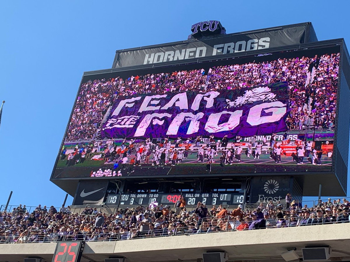 BFWshow's tweet photo. TCU intentionally made their video board exactly one inch bigger than Baylor’s.

Petty. https://t.co/fP1hWYS7TQ