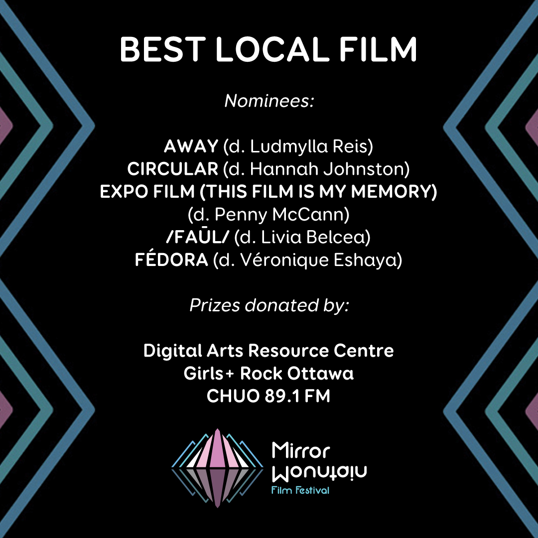 Announcing 2021 nominees for Best Local Film! Winner will receive @darcmediaarts Community membership, facemask & t-shirt, @GirlsRockOttawa sweater, t-shirt & denim tote bag + @CHUOFM facemask, vinyl record, toque & book. Thanks to our sponsors for their generous prize donations!