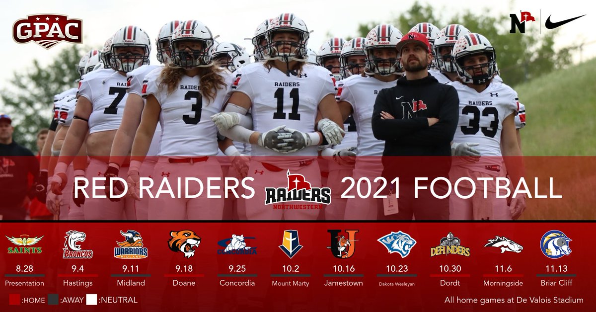 Football season is fast approaching! Take a peek at the Red Raiders 2021 Football schedule this season!

The Raiders will play four games at De Valois Stadium this season!

📆: bit.ly/3hzEjpC

#RaidersStandOut | <a href="/nwc_fb/">Northwestern College Football</a>