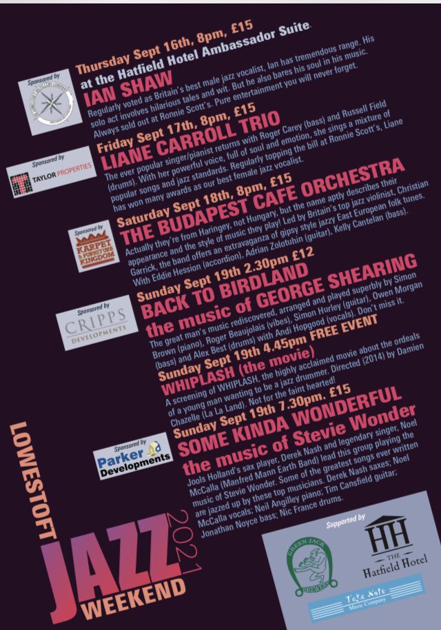 LowestoftJazz's tweet photo. LOWESTOFT JAZZ WEEKEND Sept 16-19
The best British jazz musicians. Amazing ticket prices - thanks to the sponsors (see below). At #lowestoft - Britain’s most easterly point. 
https://t.co/YUBePFwEMu https://t.co/M0Nc1GElHE