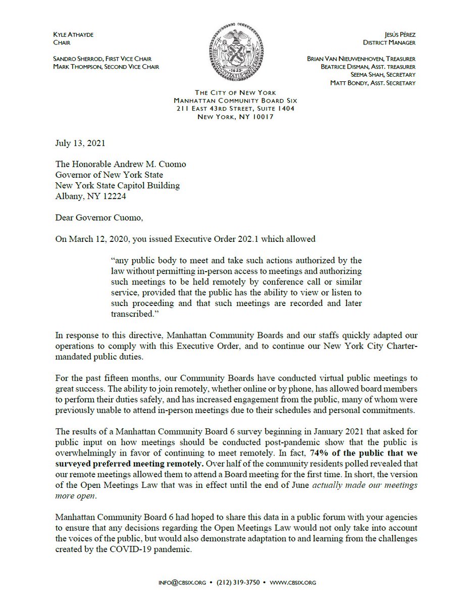cbsix's tweet image. Meeting online has made #CommunityBoard meetings more accessible than ever before. Let&apos;s learn from the past year and a half and bring public meetings into the 21st century. 💻

#Manhattan&apos;s Community Board Chairs ask @NYGovCuomo and legislature to modernize the #OpenMeetingsLaw.