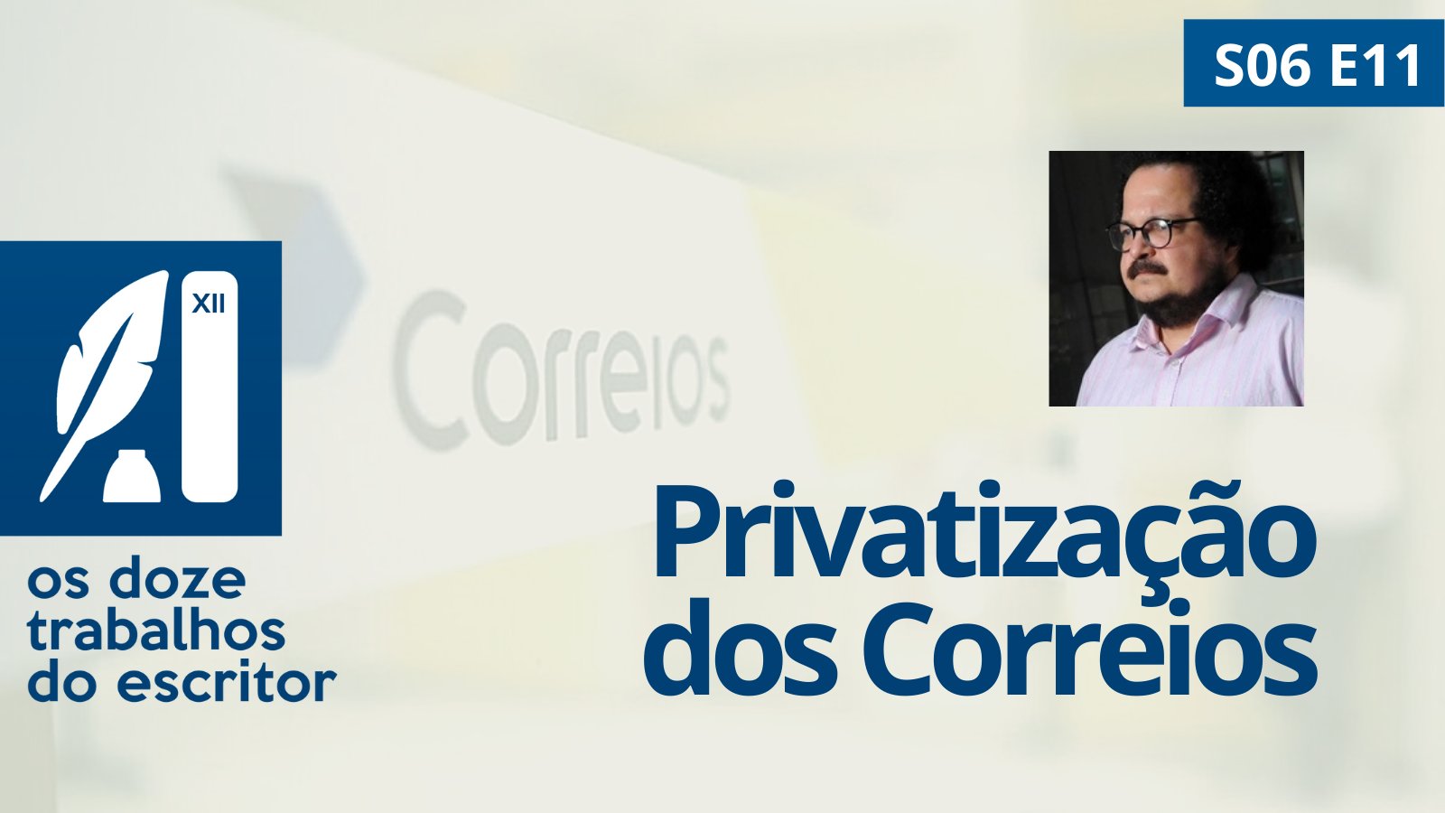 Do lado esquerdo, logotipo do 12 Trabalhos com pena, tinteiro e livro com o numero 12 em algarismos romanos. Do lado direito, a foto de Eduardo Costa Pinto sobre o título "Privatização dos correios". Ao fundo, o logotipo dos Correios. 