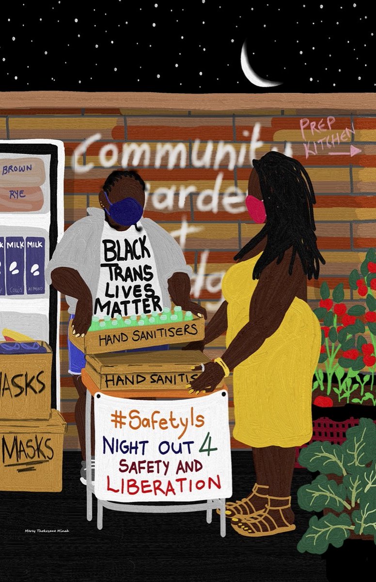 An illustration of a mutual aid event with a community fridge and personal safety products. Two Black people wear masks in front of a brick wall that says “Community Garden” and hold boxes of sanitizer. One wears a shirt that says: “Black Trans Lives Matter.” The table in front of them has a poster that says: #SafetyIs Night Out 4 Safety and Liberation.
