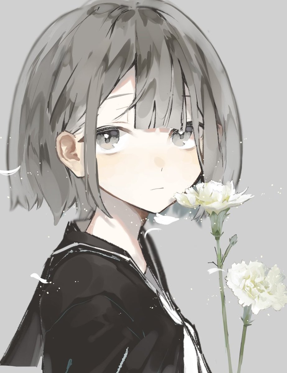 1girl solo flower grey hair grey background upper body serafuku  illustration images