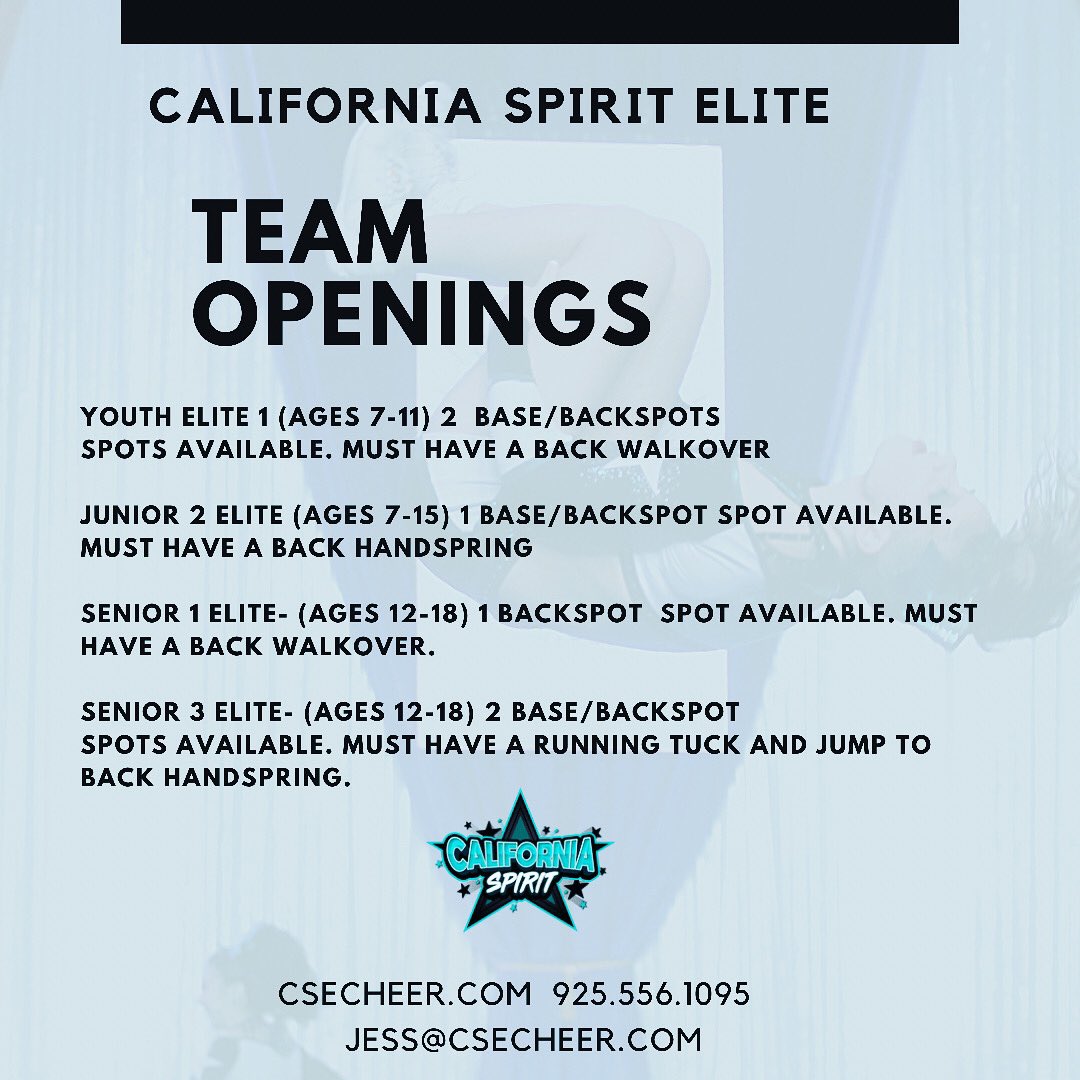 csecheer's tweet photo. We are looking to fill a few more spots prior to skills camps for the upcoming season! #csecheer https://t.co/ayWLU725FD