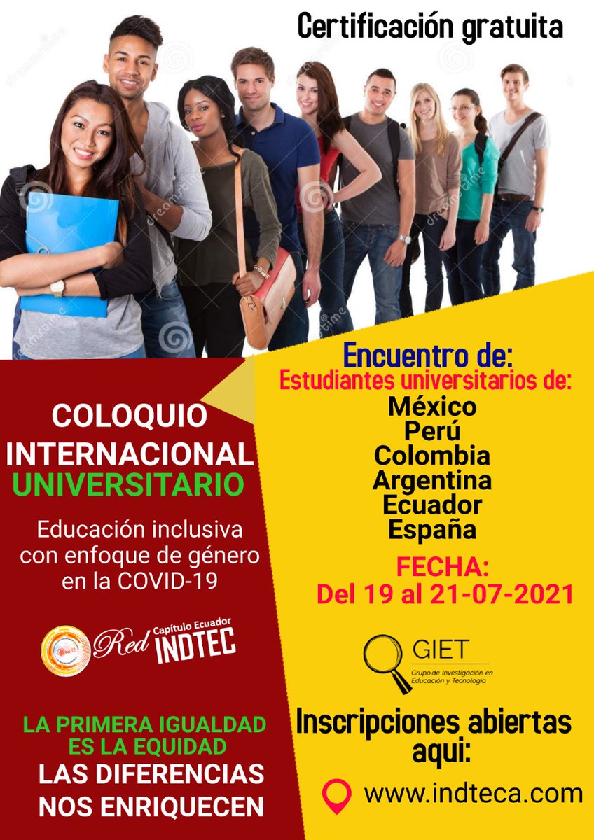 GIET2_0's tweet photo. 📆¡EVENTO! No olvides inscribirte en el Coloquio Internacional Universitario "Educación Inclusiva con Enfoque de Género en la Covid-19". Te esperamos 🇦🇷🇲🇽🇵🇪🇪🇦🇨🇴🇪🇨
Link de inscripción: https://t.co/PH6os7Eblk
#RedINDTEC #Educación #Guayaquil #GIET2_0 #Covid_19 #Género #inclusión https://t.co/0kPbVDT7Yb