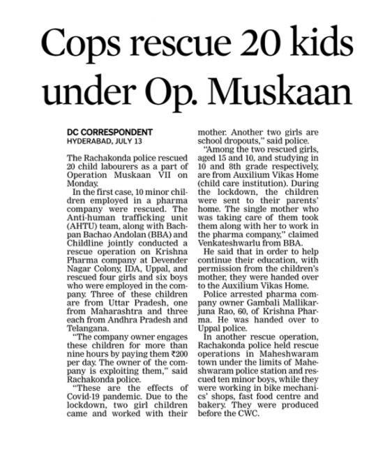 MalkajgiriCop's tweet photo. As part of #OperationMuskaanVII, #Rachakonda_AntiHumanTraffickingUnit #rescued 20 #child_labourers from industrial companies & other establishments in the limits of #Rachakonda, those who were exploited for labour work & also registered cases against owners.
@TelanganaDGP https://t.co/DWf7iz9WH5