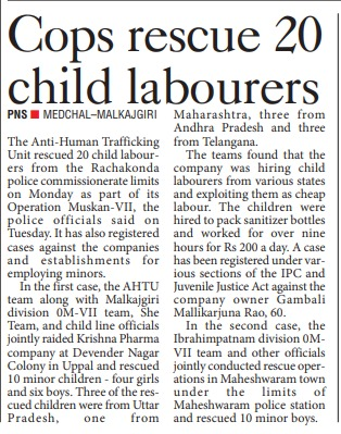 MalkajgiriCop's tweet photo. As part of #OperationMuskaanVII, #Rachakonda_AntiHumanTraffickingUnit #rescued 20 #child_labourers from industrial companies & other establishments in the limits of #Rachakonda, those who were exploited for labour work & also registered cases against owners.
@TelanganaDGP https://t.co/DWf7iz9WH5