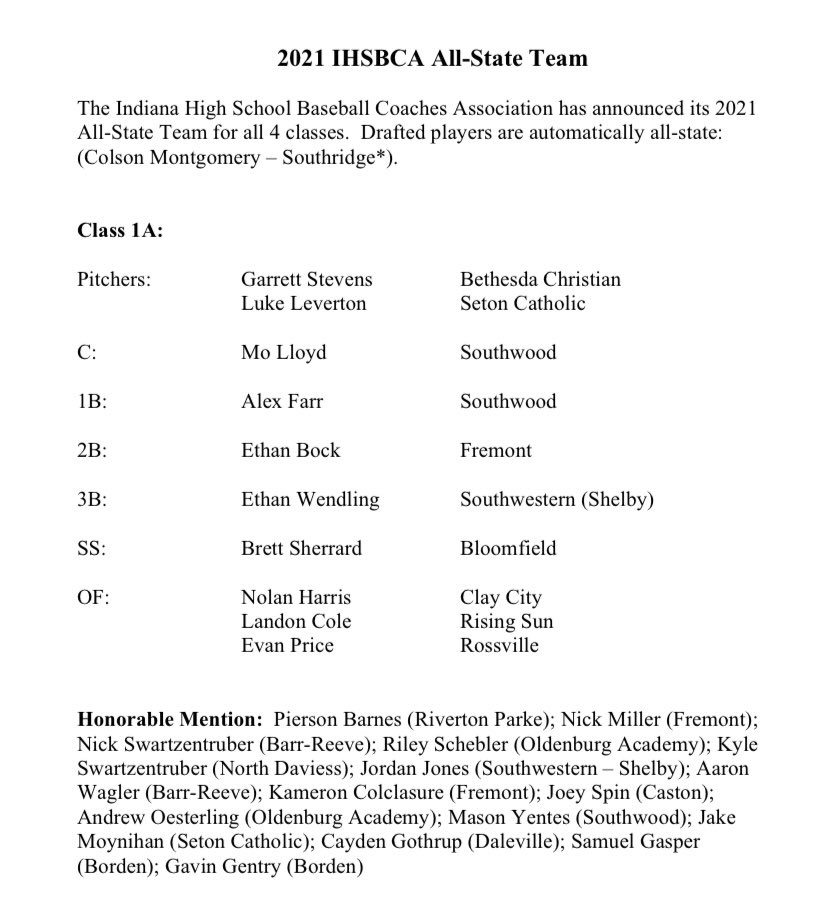 We would like to officially announce our 2021 IHSBCA All-State Teams as voted on by our coaches. Congratulations to Colson Montgomery on his 1st Round Selection by the White Sox and automatic All State selection. Here is the 1A Team: