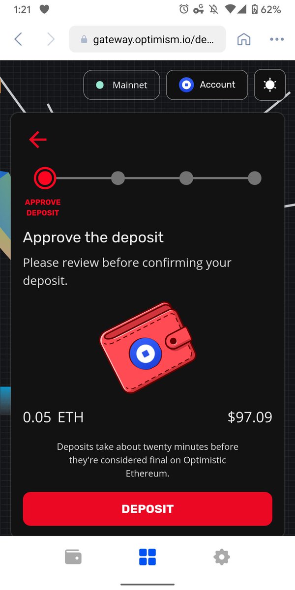 You can now try <a href="/Uniswap/">Uniswap</a> in Turbo mode on @CoinbaseWallet with fast cheap transactions! Here's a step by step guide 

1/3 - Open the Optimism Gateway to send funds from L1 mainnet to Optimism L2. Works on mobile or desktop with the Wallet Chrome Extension  gateway.optimism.io